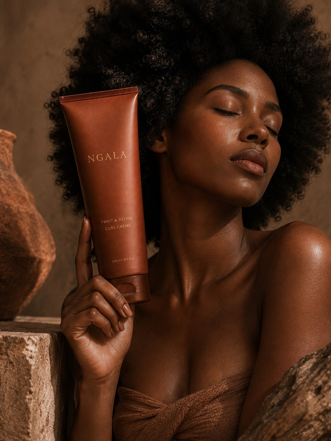 A woman holding the Twist & Define Curl Crème beside her coils